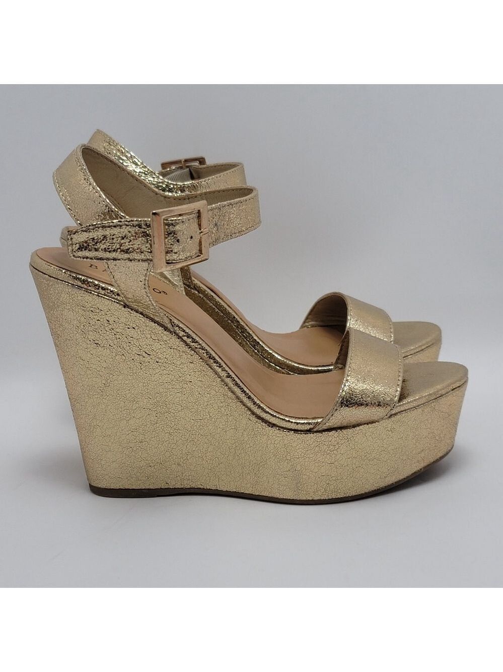 Bamboo Platform High Wedge Heels Ankle Strap Round Toe Metallic Gold Sandal Sz 8